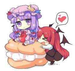 Rule 34 | &gt; &lt;, 2girls, :&lt;, :d, bat wings, blush stickers, capelet, cherry, chibi, closed eyes, coat, cream puff, crescent, dress, food, fruit, hat, head wings, heart, juliet sleeves, koakuma, long hair, long sleeves, mini person, minigirl, multiple girls, open clothes, open coat, open mouth, paragasu (parags112), patchouli knowledge, patorishia, puffy sleeves, purple eyes, red hair, shirt, silver hair, simple background, skirt, skirt set, smile, spoken heart, striped clothes, striped dress, team shanghai alice, thighhighs, touhou, very long hair, vest, white background, white dress, wings, xd