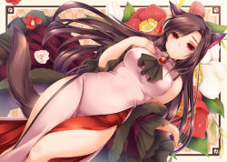 Rule 34 | 1girl, adapted costume, alternate costume, animal ears, ascot, blush, breasts, brooch, brown hair, china dress, chinese clothes, coat, dress, dutch angle, floral background, flower, imaizumi kagerou, jewelry, large breasts, long hair, looking at viewer, looking down, monety, red eyes, sleeveless, solo, tail, touhou, turtleneck, wolf ears, wolf tail