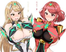 Rule 34 | 2girls, blonde hair, blush, breast press, breasts, cleavage, cleavage cutout, clothing cutout, dual persona, earrings, female focus, gatyo 5, hair ornament, huge breasts, jewelry, matching hair/eyes, multiple girls, mythra (xenoblade), nintendo, open mouth, pyra (xenoblade), red eyes, red hair, short hair, sidelocks, tiara, upper body, white background, xenoblade chronicles (series), xenoblade chronicles 2, xenoblade chronicles (series), xenoblade chronicles 2, yellow eyes