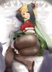 Rule 34 | 10s, 1girl, 2015, ahoge, ass, belt, black pantyhose, blonde hair, blush, boots, breasts, cape, chain, clothes lift, curvy, dated, eyebrows, female focus, gloves, granblue fantasy, green cape, green skirt, highres, huge ass, knees together feet apart, long sleeves, looking at viewer, lying, mizuyan, on side, open mouth, panties, panties under pantyhose, pantyhose, pantyshot, restrained, short hair, signature, skirt, skirt lift, solo, teena (granblue fantasy), thick thighs, thigh boots, thighhighs, thighs, underbust, underwear, upskirt, wide hips, wrist cuffs, yellow eyes