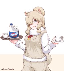 Rule 34 | 10s, 1girl, alpaca ears, alpaca suri (kemono friends), animal ears, bleach (chemical), blonde hair, blue eyes, blush, bow, brand name imitation, breast pocket, clorox, cup, disco brando, hair over one eye, highres, holding, holding plate, holding tray, kemono friends, looking at viewer, meme, open mouth, plate, pocket, red bow, short hair, smile, solo, teacup, tray, twitter username