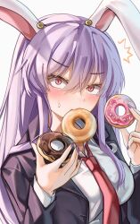 Rule 34 | 1girl, black jacket, breasts, chocolate doughnut, doughnut, food, food in mouth, highres, jacket, looking at viewer, mahoro (minase mahoro), medium breasts, necktie, open clothes, open jacket, pink doughnut, purple hair, purple nails, red eyes, red necktie, reisen udongein inaba, shirt, solo, suit jacket, sweatdrop, touhou, white background, white shirt