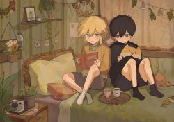 Rule 34 | 2boys, basil (faraway) (omori), basil (omori), bed, black eyes, black hair, black socks, blackwh01396023, blonde hair, blue eyes, book, camera, cookie, flower, food, hair flower, hair ornament, highres, holding, holding book, indoors, looking at another, looking away, male focus, multiple boys, omori, on bed, open book, open mouth, photo (object), plant, potted plant, short hair, sitting, smile, socks, sprout mole, stuffed toy, sunny (omori), tray, white socks
