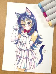 Rule 34 | 1girl, absurdres, animal ears, art tools in frame, bell, blue hair, blush, cat ears, cat girl, cat tail, cowboy shot, dress, elbow gloves, frilled dress, frills, gloves, hair between eyes, hands up, highres, long hair, marker (medium), mojacookie, neck bell, original, parted lips, photo (medium), signature, simple background, solo, tail, traditional media, white background, white dress, white gloves