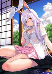 Rule 34 | 1girl, adjusting clothes, animal ears, black legwear, blush, bra, breasts, rabbit ears, cleavage, cloud, day, hand fan, female focus, large breasts, long hair, looking at viewer, navel, open clothes, open door, open shirt, pink skirt, pleated skirt, purple hair, red eyes, reisen udongein inaba, shirt, short sleeves, sitting, skirt, sky, sliding doors, solo, sweat, tatami, touhou, unbuttoned, underwear, unowen, wariza, wet, wet clothes