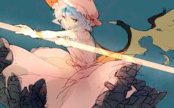 Rule 34 | 1girl, asuna (i luv), bad id, bad pixiv id, bat wings, blue background, blue hair, dress, energy beam, fighting stance, fingernails, frilled dress, frills, hat, looking at viewer, mob cap, outstretched arm, pink dress, puffy short sleeves, puffy sleeves, remilia scarlet, short hair, short sleeves, sketch, smile, solo, touhou, vampire, wings, wristband