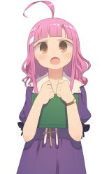 Rule 34 | 1girl, :o, ahoge, blunt bangs, blush, book, commentary request, dress, gakkou gurashi!, hair ornament, hairclip, hands up, harau, holding, holding book, long hair, looking at viewer, open mouth, pink hair, puffy short sleeves, puffy sleeves, purple dress, ringed eyes, sakura megumi, short sleeves, simple background, solo, upper body, v-shaped eyebrows, watch, white background, wristwatch, yellow eyes