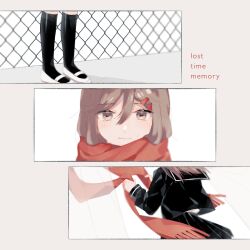 Rule 34 | 1girl, 3koma, absurdres, black footwear, black sailor collar, black serafuku, black skirt, black socks, brown eyes, brown hair, chain-link fence, close-up, closed mouth, comic, commentary, copyright name, crying, crying with eyes open, day, english text, enpera, feet, fence, fringe trim, hair between eyes, hair ornament, hairclip, head out of frame, highres, holding, holding clothes, holding scarf, kagerou project, kneehighs, long bangs, long hair, looking at viewer, loss time memory (vocaloid), lower body, mekakucity actors, multiple views, muuta04, out of frame, outdoors, pleated skirt, red scarf, sailor collar, scarf, unworn scarf, school uniform, serafuku, shoes, silent comic, simple background, skirt, socks, song name, spoilers, straight-on, tateyama ayano, tears, typo, upper body, uwabaki, vocaloid, white footwear, wind