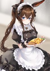 Rule 34 | 1girl, amiya (arknights), animal ear fluff, animal ears, apron, arknights, artist name, bell, black bow, black dress, blue eyes, blush, bow, breasts, brown hair, collar, commentary request, dress, food, hair between eyes, hair bow, highres, holding, holding plate, jingle bell, light particles, looking at viewer, maid, maid apron, maid headdress, medium breasts, neck bell, omelet, omurice, plate, ponytail, rabbit ears, scrunchie, short sleeves, sidelocks, solo, soraneko hino, wrist scrunchie