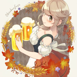 Rule 34 | 1girl, alcohol, autumn leaves, beer, blush, braid, breasts, brown eyes, brown hair, cleavage, closed mouth, cup, from above, from side, highres, holding, holding cup, long hair, looking at viewer, medium breasts, mug, oktoberfest, original, red skirt, shifumame, skirt, smile, solo, wheat