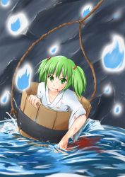 Rule 34 | 1girl, blood, blood on face, blood stain, bucket, canoka, eyelashes, female focus, green eyes, green hair, hair bobbles, hair ornament, hitodama, in bucket, in container, japanese clothes, kimono, kisume, light smile, looking at viewer, matching hair/eyes, rope, short hair, solo, touhou, twintails, water