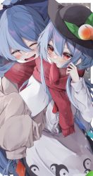 Rule 34 | ^ ^, absurdres, black headwear, blue hair, blush, closed eyes, closed eyes, food, fruit, hair between eyes, hat, highres, hinanawi tenshi, long hair, mouth hold, open mouth, peach, red eyes, red scarf, scarf, sleeves past fingers, sleeves past wrists, smile, touhou, tsune (tune), yorigami shion