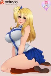 Rule 34 | blonde hair, blue skirt, blush, boots, breasts, fairy tail, highres, large breasts, law-zilla, lucy heartfilia, shirt, skirt, sleeveless, smile, white shirt
