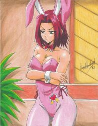 Rule 34 | 1girl, 2021, :3, angry, animal ears, bare arms, bare shoulders, between breasts, bow, bowtie, breasts, cleavage, code geass, crossed arms, curvy, detached collar, eyebrows hidden by hair, eyes visible through hair, fake animal ears, fake tail, green eyes, highleg, highleg leotard, highres, indoors, kouzuki kallen, large breasts, leotard, looking to the side, medium breasts, neck, official alternate costume, pantyhose, parted bangs, pink leotard, pink pantyhose, playboy bunny, rabbit ears, rabbit tail, ravernclouk design, red bow, red bowtie, red hair, shiny skin, solo, standing, strapless, strapless leotard, tail, traditional media, wide hips, wrist cuffs
