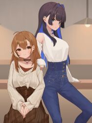 Rule 34 | 2girls, absurdres, arm rest, black choker, black hair, blue hair, blue pants, breasts, brown eyes, brown hair, brown skirt, cable knit, choker, colored inner hair, denim, detached sleeves, earrings, hair intakes, hand on another&#039;s shoulder, high-waist pants, highres, hololive, hololive english, jeans, jewelry, large breasts, long hair, long skirt, long sleeves, looking at viewer, multicolored hair, multiple girls, nanashi mumei, nanashi mumei (casual), official alternate costume, official alternate hair length, official alternate hairstyle, ouro kronii, ouro kronii (casual), pants, shirt, sitting, skirt, sl10 d, sleeves past wrists, streaked hair, sweater, virtual youtuber, white shirt, white sweater