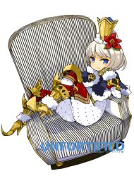 Rule 34 | 1girl, blue eyes, chair, closed mouth, crown, flower, full body, gloves, hair flower, hair ornament, looking at viewer, mota, original, short hair, simple background, sitting, smile, solo, white background, white hair