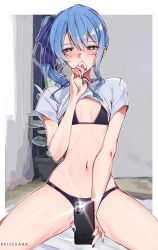 Rule 34 | 1girl, absurdres, bikini, black bikini, blue hair, blue nails, blue ribbon, blush, breasts, cellphone, clothes lift, covering own mouth, hair ribbon, half-closed eyes, highres, holding, holding phone, hololive, hoshimachi suisei, indoors, keisea, lifted by self, looking at viewer, nail polish, navel, phone, plant, potted plant, ribbon, shirt, shirt lift, short sleeves, side ponytail, sitting, small breasts, smartphone, solo, spread legs, stomach, swimsuit, thighhighs, virtual youtuber, white shirt