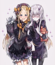 Rule 34 | 2girls, :d, abigail williams (fate), albino, black bow, black dress, black legwear, blonde hair, blue eyes, bow, closed mouth, colored skin, cowboy shot, dress, embarrassed, fate/grand order, fate (series), hair bow, holding, holding toy, horns, lavinia whateley (fate), long hair, long sleeves, multiple girls, open mouth, orange bow, pantyhose, parted bangs, polka dot, polka dot bow, purple dress, red eyes, sanpaku, simple background, single horn, sleeves past fingers, sleeves past wrists, smile, sparkle, standing, stuffed animal, stuffed toy, teddy bear, toy, very long hair, waltz (tram), wavy mouth, white background, white hair, white skin