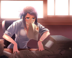 Rule 34 | 1girl, bad id, bad pixiv id, bracelet, brown eyes, brown hair, desk, dress shirt, glasses, hair up, jewelry, ktsis, lens flare, mouth hold, original, paper, photo (object), shirt, sleeves rolled up, solo, sweat, working
