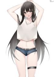 Rule 34 | 1girl, absurdres, alternate costume, arms up, black eyes, black hair, casual, cowboy shot, crop top, crop top overhang, denim, denim shorts, girls&#039; frontline, green hair, headgear, highres, jewelry, long hair, m4a1 (girls&#039; frontline), midriff, multicolored hair, necklace, short shorts, shorts, standing, streaked hair, thigh strap, white background, yanwulazy