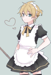 Rule 34 | 1boy, alternate costume, apron, black dress, black thighhighs, blonde hair, bow, brown bow, closed mouth, collared dress, commentary, crossdressing, dress, enmaided, frilled apron, frills, green eyes, grey background, hair between eyes, hand on own hip, heart, kagamine len, kuroi (liar-player), looking at viewer, maid, maid apron, maid headdress, male focus, pleated dress, puffy short sleeves, puffy sleeves, short sleeves, simple background, solo, standing, thighhighs, twitter username, vocaloid, white apron