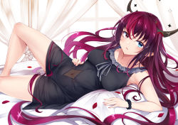 Rule 34 | 1girl, bed, black dress, blue eyes, breasts, collarbone, commentary, covered navel, curtains, dress, frilled dress, frills, heterochromia, hololive, hololive english, horns, indoors, irohara, irys (hololive), knee up, long hair, looking at viewer, medium breasts, multicolored hair, on bed, parted lips, petals, purple hair, red eyes, red hair, see-through, sleeveless, sleeveless dress, solo, streaked hair, very long hair, virtual youtuber, window