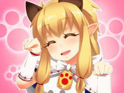 Rule 34 | 1girl, animal ears, bad id, bad pixiv id, bell, blonde hair, capelet, cat ears, closed eyes, extra ears, gauntlets, hayashi custom, head tilt, meowstress, monster hunter, monster hunter (series), monster hunter x, nekojo, open mouth, paw pose, paw print, pointy ears, smile, solo, upper body