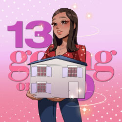 Rule 34 | 13 going on 30, 1girl, absurdres, animification, ariana grande, blue footwear, breasts, brown eyes, cleavage, commentary, copyright name, crying, crying with eyes open, dark-skinned female, dark skin, denim, doll house, highres, holding, jeans, jewelry, logo, long hair, looking at viewer, medium breasts, necklace, pants, parted lips, pirorin21century, real life, red shirt, shirt, solo, symbol-only commentary, tears