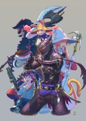 Rule 34 | 1girl, 3boys, animal, animal on head, armor, axe, behind another, belt, blunt bangs, bodysuit, bracer, cat tail, closed eyes, clothed animal, collared shirt, colored smoke, cropped legs, dress, ears through headwear, elezen, elf, final fantasy, final fantasy xiv, gloves, goggles, goggles on head, grey background, gun, hand gesture, hat, height difference, highres, hime cut, holding, holding axe, holding gun, holding staff, holding weapon, hyur, lalafell, laughing, long hair, long sleeves, looking at another, looking up, machinist (final fantasy), mask, miqo&#039;te, multiple boys, ninja (final fantasy), on head, open mouth, pants, pink hair, pointing, pointing at another, pointy ears, purple hair, pxvx, rabbit, shirt, short hair, simple background, smile, smoke, spikes, staff, sword, tail, warrior (final fantasy), warrior of light (ff14), weapon, white mage (final fantasy), witch hat