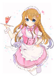 Rule 34 | 1girl, absurdres, alternate costume, apron, blue eyes, blush, bow, bowtie, brown hair, dress, enmaided, heart, highres, holding, holding tray, idolmaster, idolmaster million live!, kousaka umi, long braid, looking at viewer, maid, maid apron, maid headdress, parfait, pink bow, pink bowtie, pink dress, puffy short sleeves, puffy sleeves, shishiodoshi, short sleeves, solo, thighhighs, tray, triangle, white apron, white thighhighs, wrist cuffs, zettai ryouiki