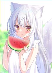 Rule 34 | 1girl, :q, animal ears, blurry, brown eyes, commentary request, depth of field, dress, eyes visible through hair, food, fox ears, fox girl, fox tail, fruit, hair between eyes, hamico, highres, long hair, looking at viewer, original, sidelocks, simple background, smile, solo, summer, tail, tongue, tongue out, watermelon, white background, white dress, white hair
