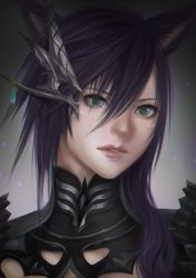 Rule 34 | 1girl, animal ears, armor, warrior of light (ff14), cat ears, close-up, commission, facial mark, final fantasy, final fantasy xiv, gradient background, green eyes, hair between eyes, hair ornament, highres, lianeige, lips, looking at viewer, medium hair, miqo&#039;te, purple hair, solo