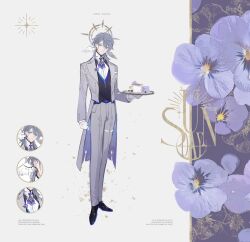 Rule 34 | 1boy, absurdres, ascot, belt, bishounen, black footwear, black vest, blueberry, buttons, character name, clenched hand, close-up, closed mouth, coat, collared coat, collared shirt, collared vest, cup, debris, feathered wings, flower, flower pin, food, formal, fruit, full body, gloves, grey background, grey coat, grey hair, grey pants, grey suit, hair between eyes, hair over shoulder, halo, halo behind head, head wings, high collar, highres, holding, holding tray, honkai: star rail, honkai (series), lapel pin, lapels, layered sleeves, long hair, long sleeves, looking at viewer, low ponytail, macaron, male focus, open clothes, open coat, pansy, pants, peaked lapels, purple ascot, purple flower, renjian shilian, shirt, shoes, simple background, smile, solo, sparkle, suit, sunday (honkai: star rail), tea, teacup, thigh belt, thigh strap, tray, two-sided veil, vest, white belt, white gloves, white shirt, white wings, wings, yellow eyes