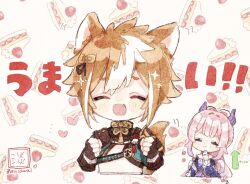 Rule 34 | 1boy, 1girl, :d, ^ ^, animal ears, armor, arrow (symbol), artist name, black collar, black gloves, blue kimono, blunt bangs, blush, blush stickers, bow, bow-shaped hair, brown hair, cake, cake slice, chibi, clenched hands, closed eyes, closed mouth, collar, commentary request, crop top, cropped torso, dog boy, dog ears, dog tail, double-parted bangs, fang, fingerless gloves, flower (symbol), food, food-themed background, frilled sleeves, frills, gameplay mechanics, genshin impact, gloves, gold trim, gorou (genshin impact), hair between eyes, hair ornament, hand up, hands up, happy, healing, heart, igote, japanese armor, japanese clothes, kimono, long hair, long sleeves, multicolored hair, nekorune (bukubuku awai), open mouth, paw print, pink hair, purple bow, purple hair, raised eyebrows, sangonomiya kokomi, short eyebrows, short hair, shoulder armor, sidelocks, signature, simple background, single sode, skin fang, smile, sode, sparkle, streaked hair, tail, tassel, translation request, upper body, very long hair, white background, white gloves, white hair