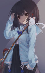 Rule 34 | 1girl, ^ ^, adjusting hair, animal, animal on shoulder, arm at side, bag, beads, black hair, black skirt, blue bow, blue cardigan, blush, bow, breasts, cardigan, closed eyes, clothes grab, coffee1223, cowboy shot, empty eyes, flying sweatdrops, granblue fantasy, grey background, hair beads, hair ornament, hand up, heart, highres, long hair, long sleeves, looking away, mouse (animal), partially unbuttoned, red eyes, sailor collar, shirt, shoulder bag, sitting, skirt, sleeves past wrists, tears, twirling hair, vikala (granblue fantasy), wavy mouth, white shirt
