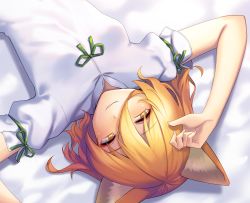 Rule 34 | 1girl, animal ears, arms up, bed, blonde hair, blush, bow, breasts, closed mouth, commentary request, eyes visible through hair, fingernails, fox ears, green bow, hair between eyes, hands up, highres, kudamaki tsukasa, long fingernails, looking up, lying, on back, puffy short sleeves, puffy sleeves, romper, shadow, short hair, short sleeves, small breasts, smile, solo, tarmo, touhou, white romper, yellow eyes