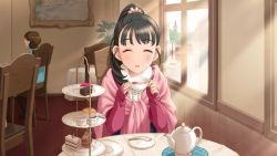 Rule 34 | 10s, 2girls, black hair, bus, cafe, cake, car, chair, closed eyes, cup, double-decker bus, elizabeth tower, food, fukuyama mai, hair ornament, highres, idolmaster, idolmaster cinderella girls, idolmaster cinderella girls starlight stage, indoors, jam, jpeg artifacts, lamppost, london, looking at viewer, motor vehicle, multiple girls, official art, ponytail, pov across table, ramekin, saucer, scone, scrunchie, shawl, sitting, smile, solo focus, table, tea, tea set, tea stand, teacup, teapot, tiered tray, vehicle, window, winter clothes