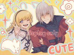 Rule 34 | 1boy, 1girl, blonde hair, blue eyes, bow, closed mouth, coat, dante (devil may cry), devil may cry (anime), devil may cry (series), dress, hao xiang yishui bu xing, highres, holding, long hair, looking at viewer, male focus, necktie, necktie grab, neckwear grab, one eye closed, open mouth, patty lowell, red coat, smile, white hair