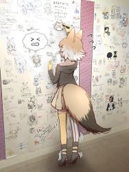Rule 34 | &gt; &lt;, 1girl, absurdres, animal ears, asymmetrical legwear, black footwear, black jacket, black thighhighs, blonde hair, boots, brown skirt, commentary request, coyote (kemono friends), drawing, gloves, highres, jacket, kemono friends, kemono friends v project, long sleeves, mismatched legwear, monaca (monamona), multicolored hair, paw print soles, photo background, pleated skirt, short hair, skirt, solo, spaghetti strap, spoken expression, striped clothes, striped thighhighs, tail, thighhighs, tiptoes, two-tone thighhighs, virtual youtuber, white hair, white thighhighs, wolf ears, wolf tail, yellow gloves, yellow thighhighs, zettai ryouiki