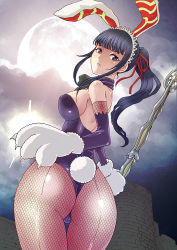 Rule 34 | 1girl, :&lt;, animal ears, animal hands, ass, ass focus, back-seamed legwear, black eyes, black hair, blunt bangs, bow, breasts, cloud, cowboy shot, curvy, detached sleeves, elbow gloves, eyelashes, fake animal ears, fishnet pantyhose, fishnets, from behind, from below, frown, full moon, gloves, hair bow, hair ornament, hair ribbon, high ponytail, large breasts, leotard, long sleeves, looking at viewer, looking back, moon, narberal gamma, night, outdoors, overlord (maruyama), pantyhose, paw gloves, playboy bunny, ponytail, rabbit ears, rabbit tail, red bow, ribbon, rurukichi, seamed legwear, sideboob, solo, staff, standing, tail, thigh gap, wide hips
