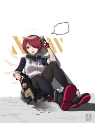 Rule 34 | 1girl, :o, absurdres, arknights, black footwear, black gloves, black pantyhose, black skirt, exusiai (arknights), fingerless gloves, full body, gloves, gun, hair over one eye, halo, highres, holding, holding gun, holding weapon, jacket, kriss vector, on floor, open mouth, pantyhose, pureakuma, red hair, shadow, shell casing, shoe soles, shoes, short hair, short sleeves, sitting, skirt, sneakers, solo, submachine gun, tile floor, tiles, torn clothes, torn pantyhose, weapon, white jacket, wings, yellow eyes