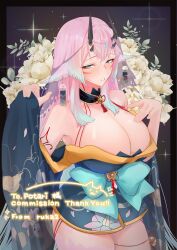 Rule 34 | 1girl, absurdres, bell, black horns, blue bow, blue eyes, blue kimono, bow, breasts, cleavage, colored tips, commission, earrings, facial mark, floral print, flower, highres, horns, indie virtual youtuber, japanese clothes, jewelry, kimono, large breasts, long hair, multicolored hair, neck bell, pink hair, potari (vtuber), rose, ruka2, short kimono, skeb commission, tassel, virtual youtuber, white flower, white hair, white rose, wide sleeves
