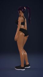 Rule 34 | 1girl, 3d, animated, ass, bare arms, bare shoulders, bent over, bleach, breasts, curvy, dark skin, highres, huge ass, large breasts, long hair, looking at viewer, lowres, ponytail, shihouin yoruichi, shoes, skindentation, smile, sneakers, sports bikini, sports bra, video, wide hips, yaja3d, yellow eyes