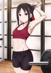 Rule 34 | 1girl, armpits, arms up, barbell, bare shoulders, black hair, black shorts, breasts, cleavage, closed mouth, collarbone, commentary, flat chest, hair ribbon, high-waist shorts, indoors, inoshira, kaguya-sama wa kokurasetai ~tensai-tachi no renai zunousen~, legs together, looking at viewer, navel, nervous, nervous smile, pantylines, parted bangs, red eyes, red ribbon, red sports bra, ribbon, shinomiya kaguya, shorts, sidelocks, small breasts, smile, solo, sports bra, sportswear, standing, stomach, stretching, striped clothes, striped shorts, sweat, sweaty clothes, thighs, twitter username, vertical-striped clothes, vertical-striped shorts, wet, wet clothes