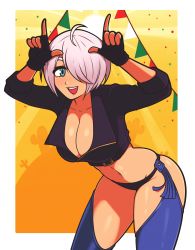 Rule 34 | 1girl, absurdres, angel (kof), blue eyes, bra, breasts, chaps, cropped jacket, horns pose, fingerless gloves, gloves, hair over one eye, highres, index fingers raised, jacket, jeff miga, large breasts, leaning forward, leather, leather jacket, smile, snk, solo, strapless, strapless bra, the king of fighters, the king of fighters xiv, toned, underwear, white hair