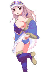 Rule 34 | 1girl, absurdres, ass, atelier (series), atelier meruru, atelier totori, bare shoulders, blue footwear, blue thighhighs, boots, brown eyes, brown hair, detached sleeves, dress, female focus, hat, highres, leotard, long hair, looking at viewer, looking back, open mouth, saromarin, shiny skin, simple background, skirt, smile, solo, strapless, strapless dress, thigh boots, thighhighs, totooria helmold, white background