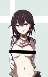 Rule 34 | 10s, 1girl, arms behind back, bad id, bad pixiv id, bar censor, black hair, black skirt, breasts, censored, clothes lift, dalgtalyeong, earrings, grey background, grey eyes, gym shirt, hayasui (kancolle), heart, heart-shaped lock, heart earrings, jacket, jewelry, kantai collection, long sleeves, looking at viewer, navel, open clothes, open jacket, shirt, shirt lift, short hair, simple background, skirt, solo, sweat, track jacket, upper body, white background
