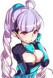 Rule 34 | 10s, 1girl, ahoge, breasts, busou shinki, head rest, cleavage, doll joints, highres, joints, large breasts, long hair, ponytail, purple eyes, purple hair, smile, solo, upper body, vivace tune, yda