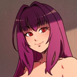 Rule 34 | 1girl, akairiot, bare shoulders, collarbone, fate/grand order, fate (series), hair intakes, highres, long hair, looking at viewer, partially shaded face, portrait, purple hair, red eyes, scathach (fate), smile, solo