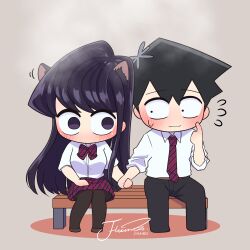Rule 34 | 1boy, 1girl, absurdres, animal ear fluff, animal ears, artist name, belt, black hair, black pants, black pantyhose, blush, brown belt, cat ears, chibi, closed mouth, collared shirt, commentary, diagonal-striped clothes, diagonal-striped necktie, diagonal-striped skirt, dress shirt, extra ears, flower, grey background, hair flower, hair ornament, hand up, highres, holding hands, j humbo, knees together feet apart, komi-san wa komyushou desu, komi shouko, long hair, looking at another, motion lines, necktie, no mouth, no nose, on bench, pants, pantyhose, purple eyes, purple hair, red necktie, red skirt, shirt, short hair, signature, simple background, sitting, skirt, steaming body, striped clothes, tadano hitohito, very long hair, white shirt